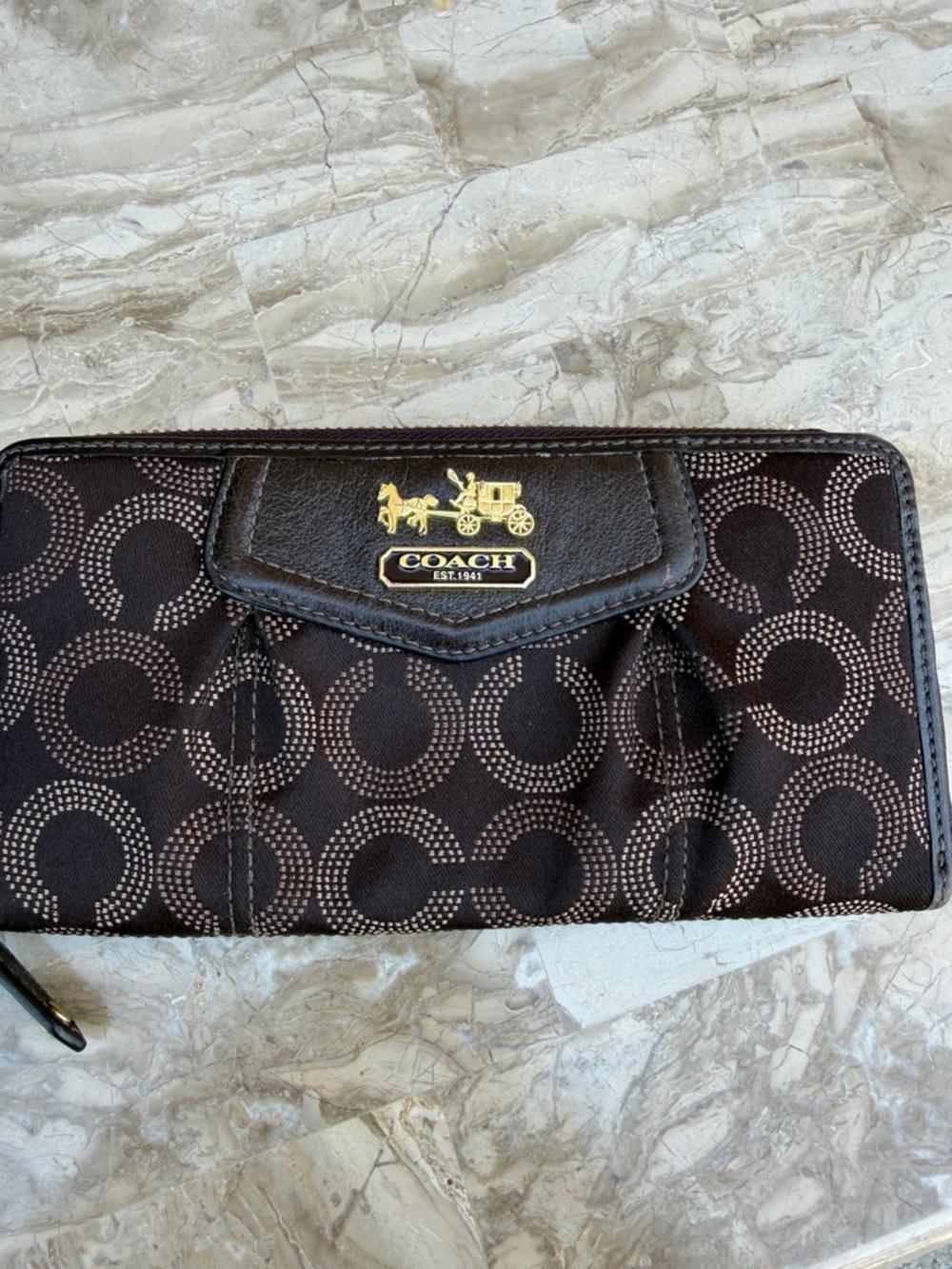 Coach Brown Circle-Pattern Zip Wallet with Gold Logo